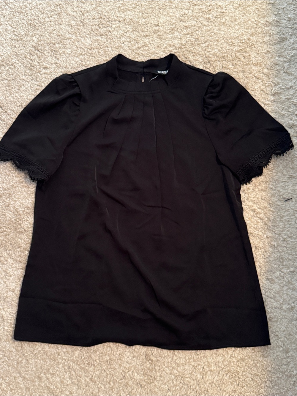Black Short-Sleeve Pleat Front Blouse with Lace Trim
